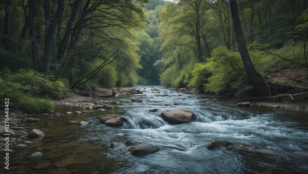 Fototapeta premium Forest river with flowing water and rocks, surrounded by lush green trees and foliage in a tranquil natural setting.
