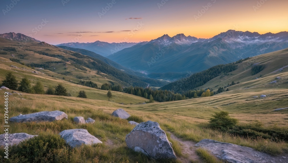 Naklejka premium Mountain landscape at sunset with rolling hills, rocky foreground, and distant peaks under a colorful sky. High-resolution nature scenery.