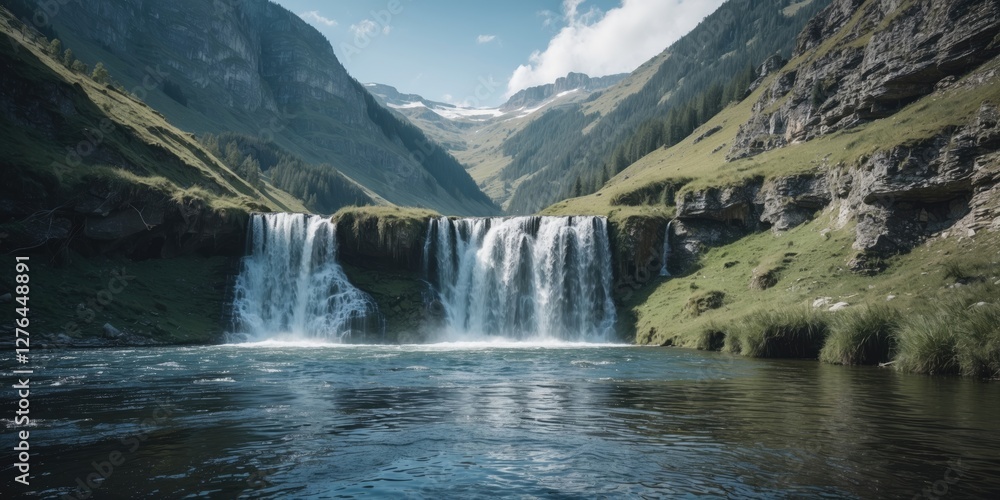 Fototapeta premium Mountain waterfall cascading into a tranquil lake surrounded by lush green hills under a clear blue sky