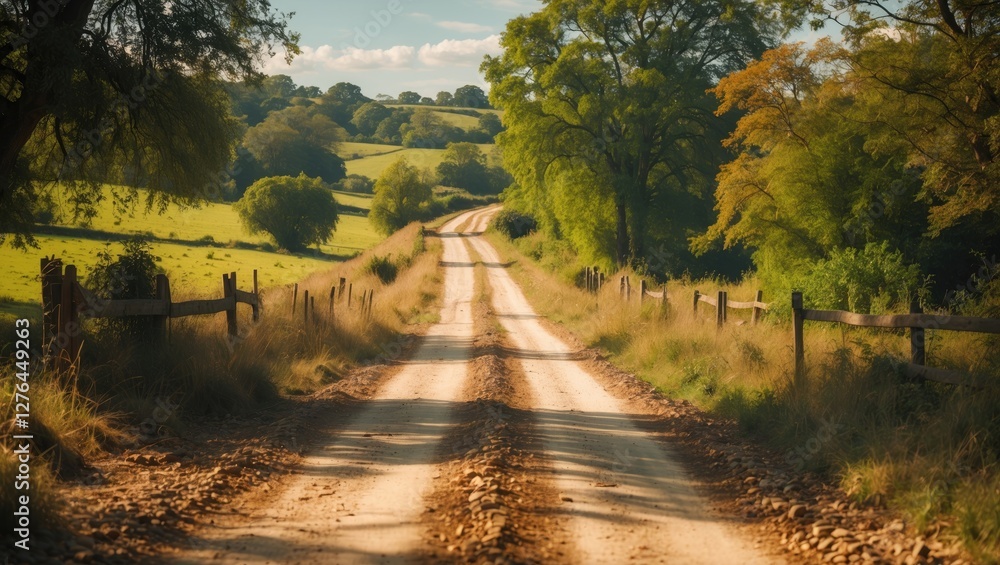 Fototapeta premium Dirt road winding through rural landscape with trees and grassy fields under blue sky in autumn light