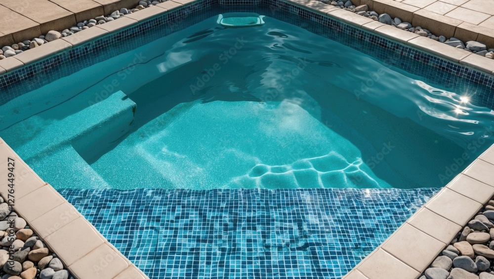 Obraz premium Swimming pool with clear turquoise water and stone border surrounded by tiles and pebbles in bright sunlight.
