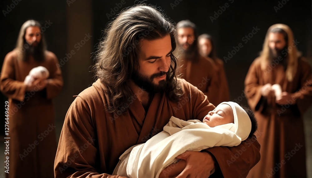 Obraz premium Jesus cradles an infant child while bearded men in brown robes look on.