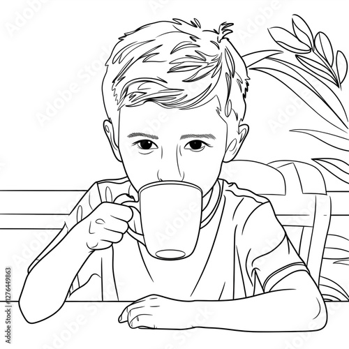 An illustration of a man enjoying a cup of coffee, drawn in a simple, clean vector line art style suitable for a coloring page. The man has a relaxed expression, holding a coffee cup with both