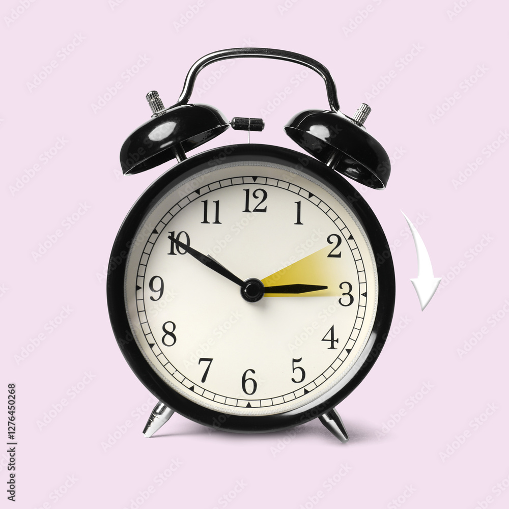 Daylight saving time. Black alarm clock on light pink background. Highlighted area and arrow showing time change by one hour forward Daylight saving time. Black alarm clock on light pink background. Highlighted area and arrow showing time change by one hour forward