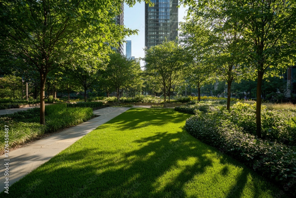 Fototapeta premium City park with green lawn, trees, and skyscrapers in background
