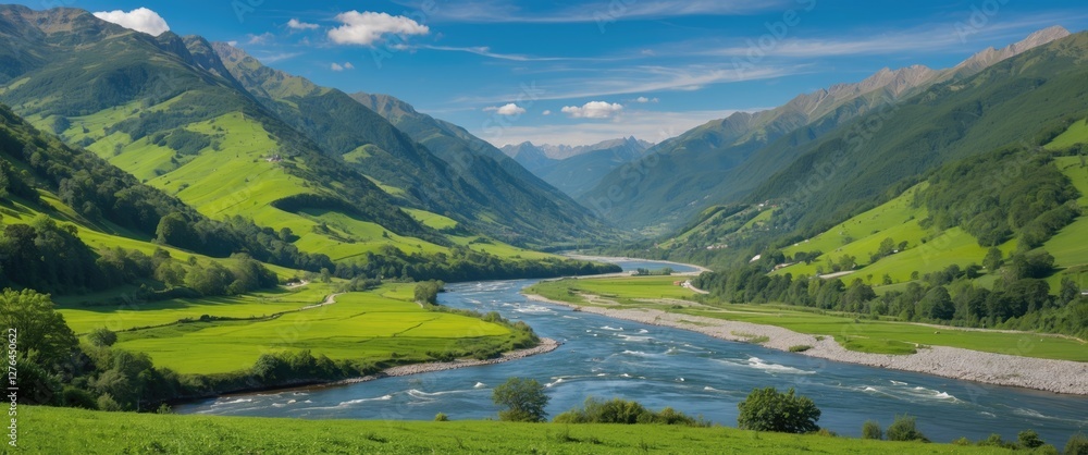 Green valley landscape with winding river surrounded by mountains under blue sky and scattered clouds in summer season Green valley landscape with winding river surrounded by mountains under blue sky and scattered clouds in summer season