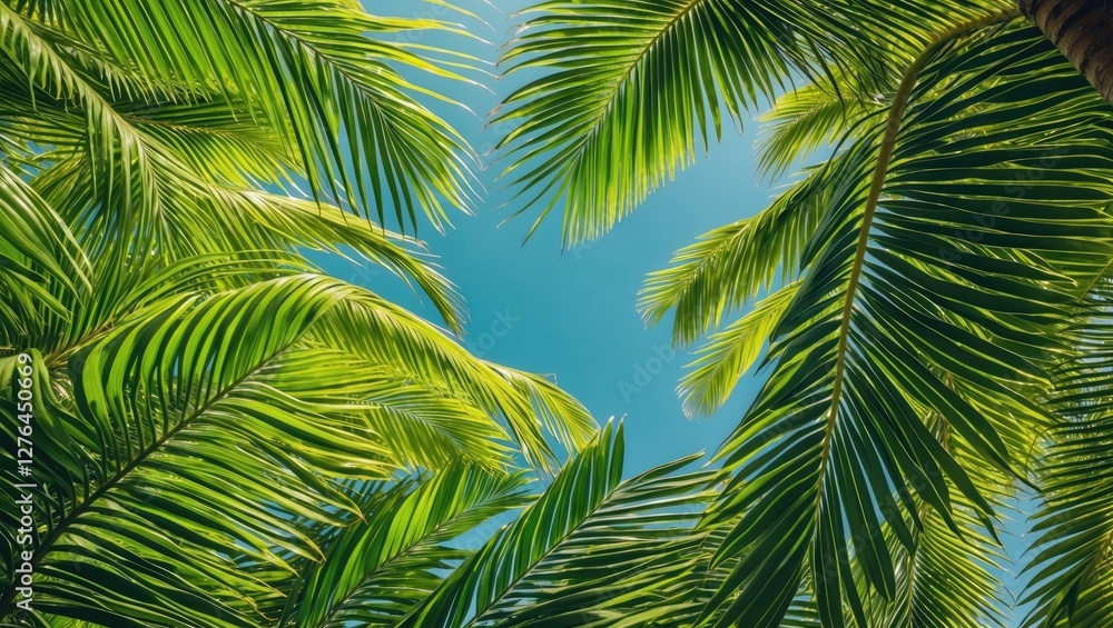 Lush green palm leaves against a clear blue sky creating a natural overhead canopy view Lush green palm leaves against a clear blue sky creating a natural overhead canopy view