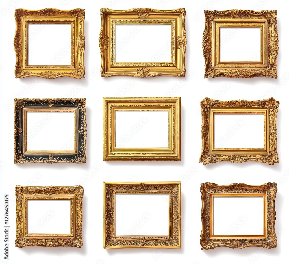 A collection of beautiful gold picture frames displayed on a white background A collection of beautiful gold picture frames displayed on a white background