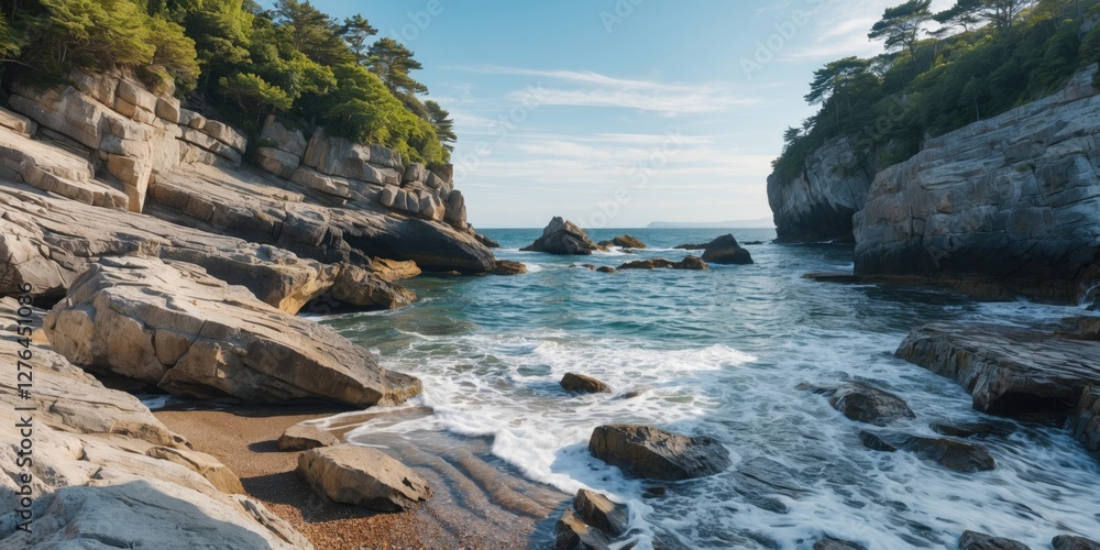 Coastal landscape with rocky cliffs and gentle waves under clear sky in early morning light Coastal landscape with rocky cliffs and gentle waves under clear sky in early morning light