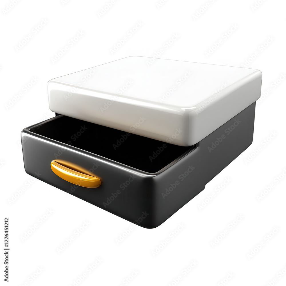A sleek, modern drawer with a white top and black body, featuring a yellow handle, perfect for minimalist interiors. A sleek, modern drawer with a white top and black body, featuring a yellow handle, perfect for minimalist interiors.