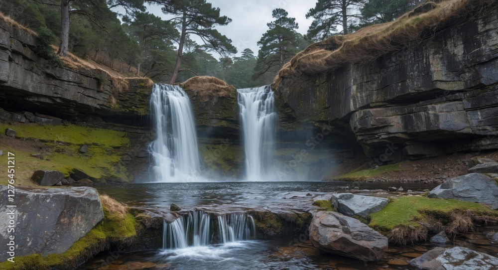 Naklejka premium Waterfall cascading into a serene pool surrounded by rocks and greenery in a natural landscape setting with pine trees in the background