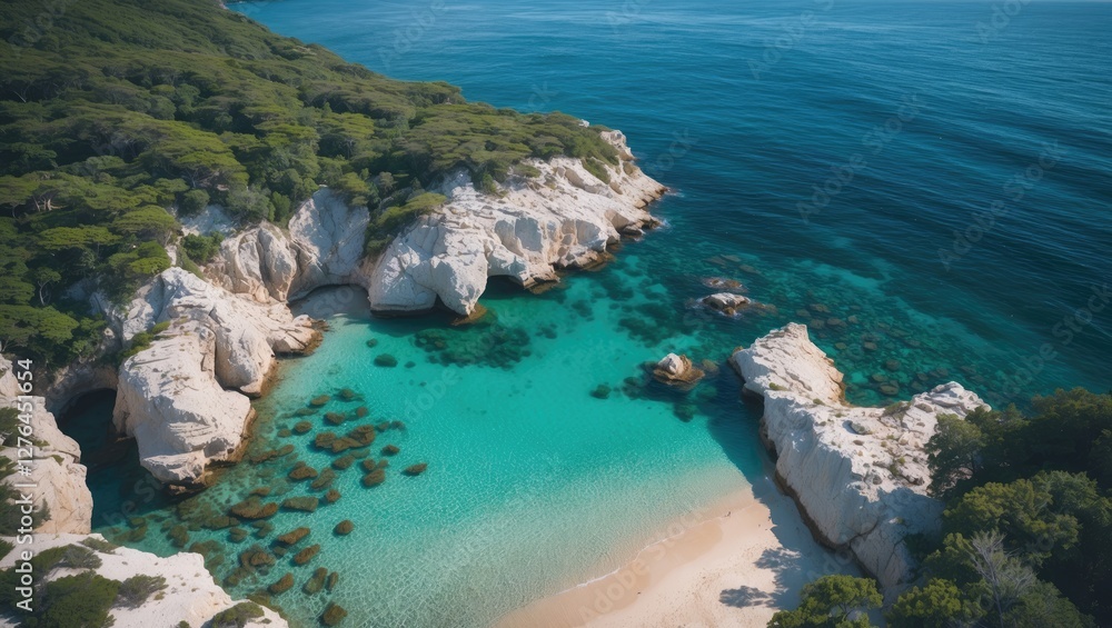 Aerial view of a secluded beach with turquoise waters, sandy shore, and lush green cliffs under a clear blue sky. Aerial view of a secluded beach with turquoise waters, sandy shore, and lush green cliffs under a clear blue sky.