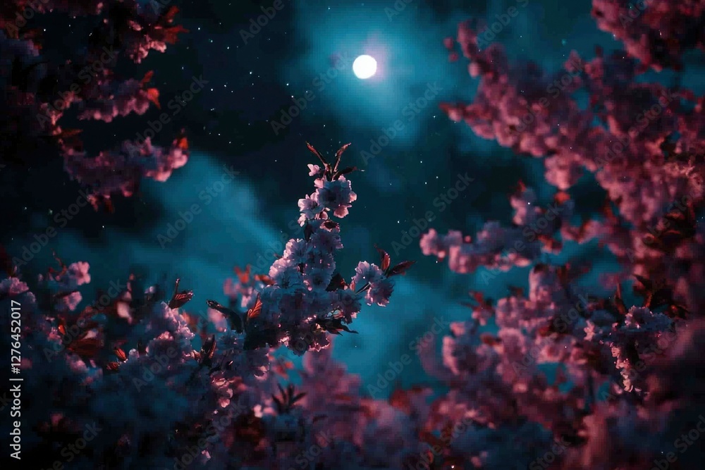 Obraz premium Pink cherry blossoms at night under a full moon