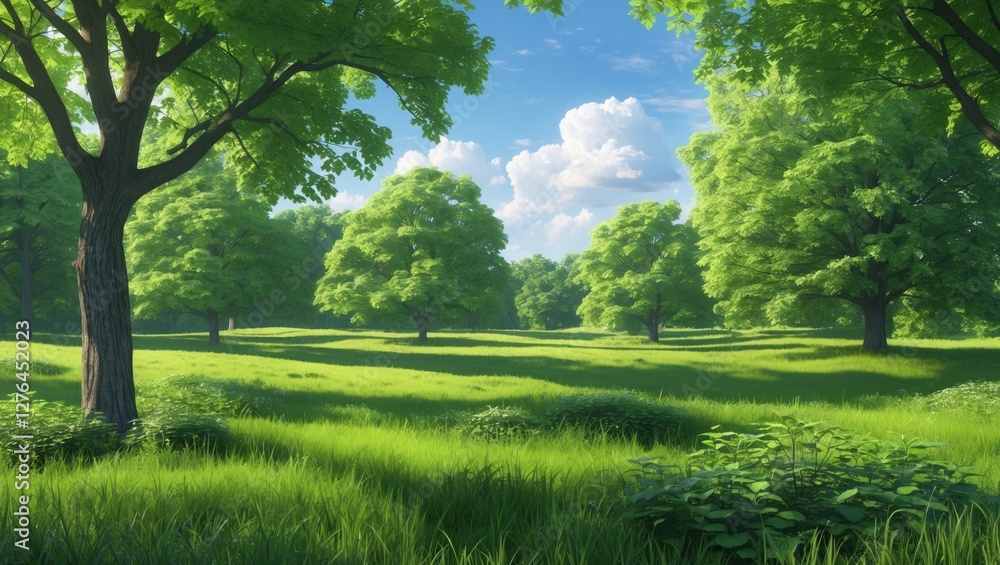 Lush green landscape with large trees and grass under a blue sky with white clouds in daylight setting Lush green landscape with large trees and grass under a blue sky with white clouds in daylight setting