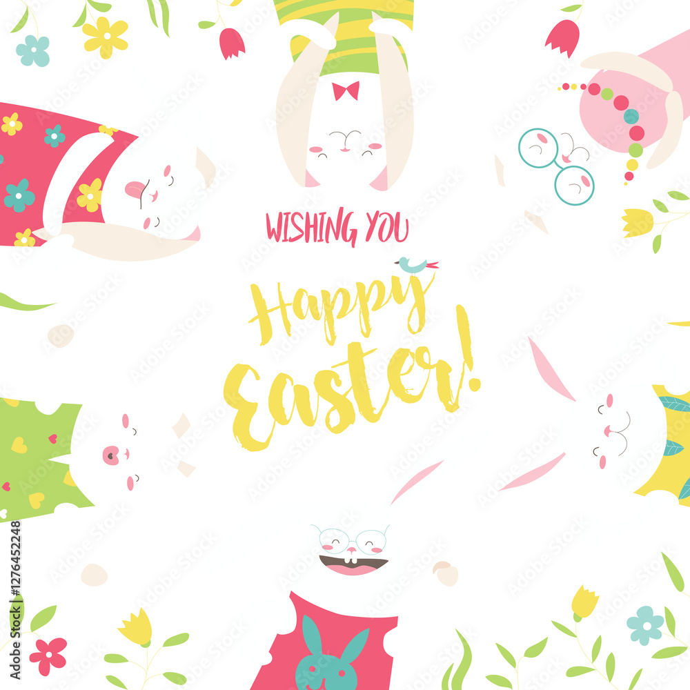 Funny bunnies celebrating Easter. Vector greeting card Funny bunnies celebrating Easter. Vector greeting card