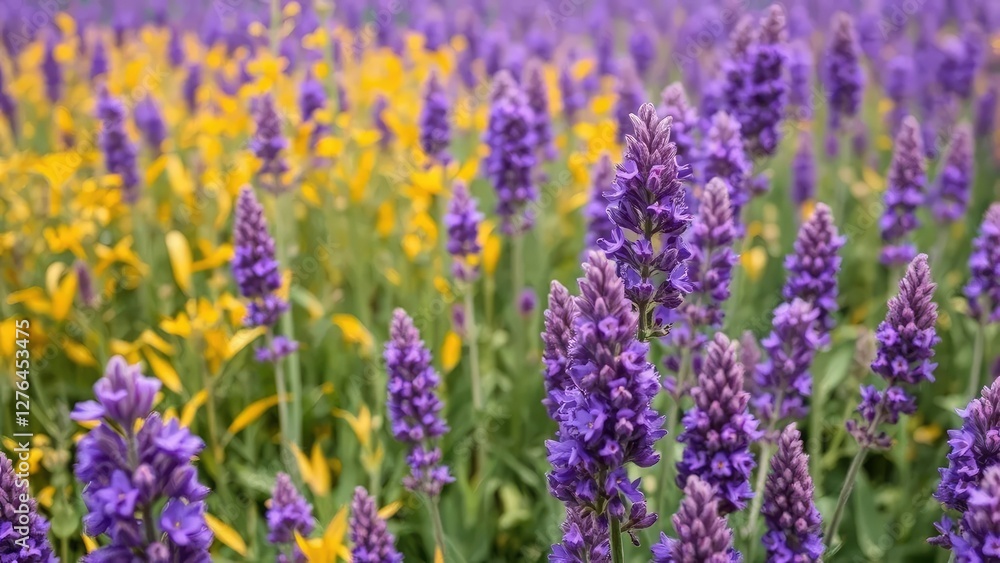 Obraz premium Purple flowers in a field with golden leaves and lavender, field, foliage