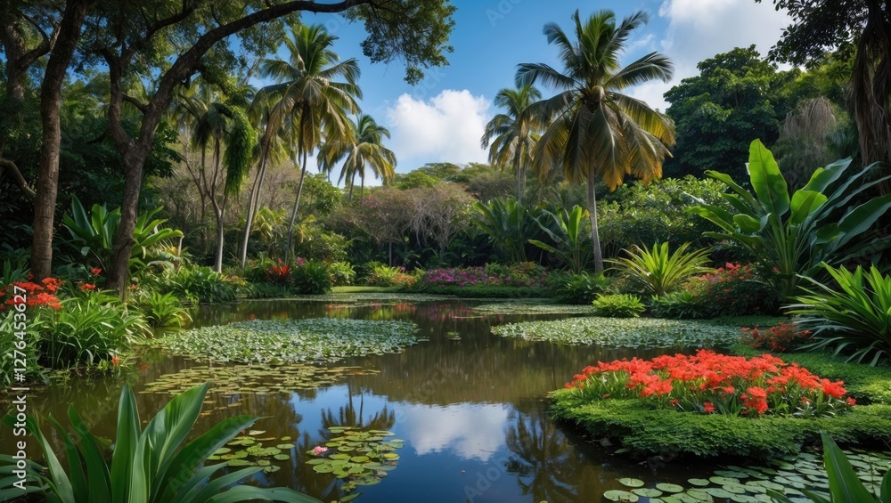 Tropical garden landscape with palm trees vibrant flowers and tranquil pond surrounded by lush greenery under blue sky Tropical garden landscape with palm trees vibrant flowers and tranquil pond surrounded by lush greenery under blue sky