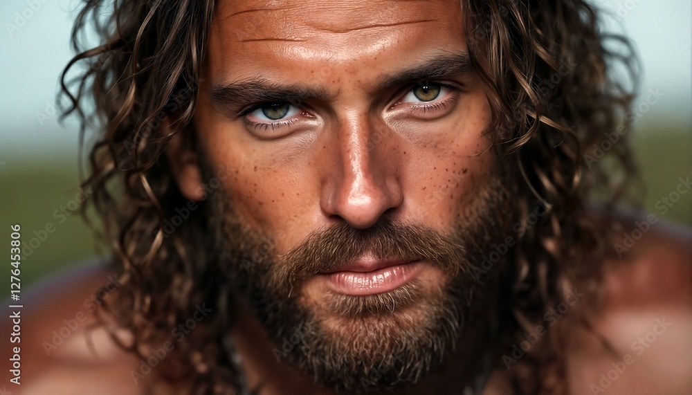 A close-up shot of a shirtless man with long hair and facial hair. A close-up shot of a shirtless man with long hair and facial hair.