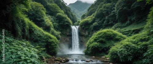 Lush green forest landscape with a waterfall cascading into a tranquil river surrounded by dense vegetation and mountains in the background