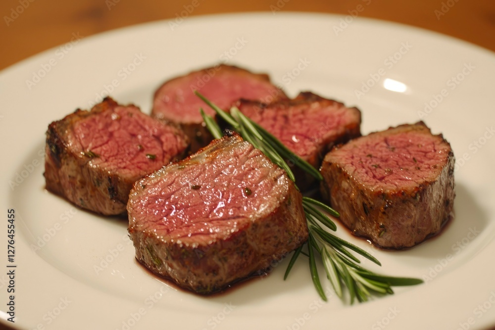 Sliced steak with rosemary on a white plate Sliced steak with rosemary on a white plate