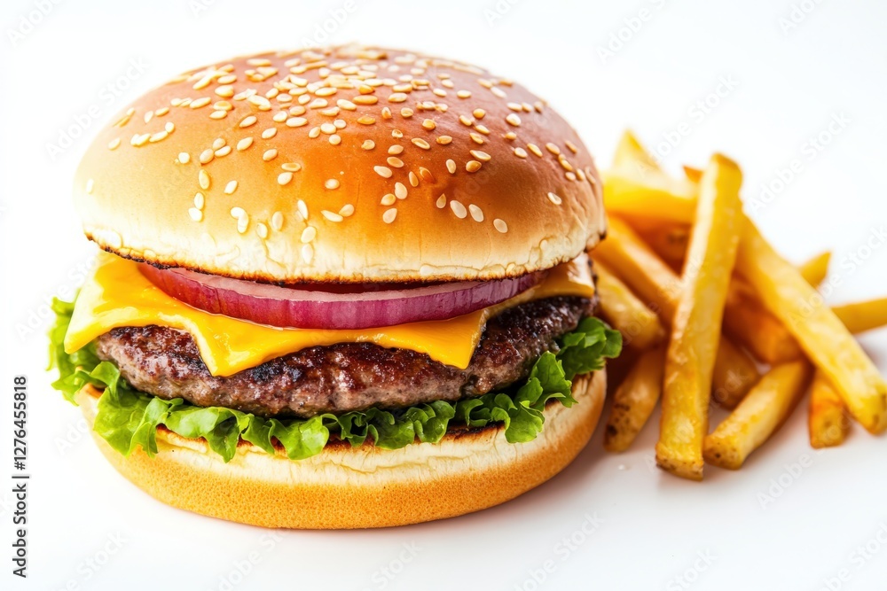 A delicious hamburger with crispy french fries on a clean white background A delicious hamburger with crispy french fries on a clean white background