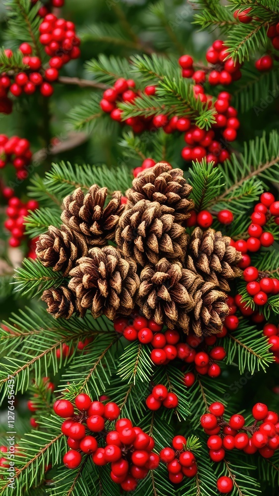 Pinecones scattered on an evergreen branch amidst red berries, nature, woodland Pinecones scattered on an evergreen branch amidst red berries, nature, woodland