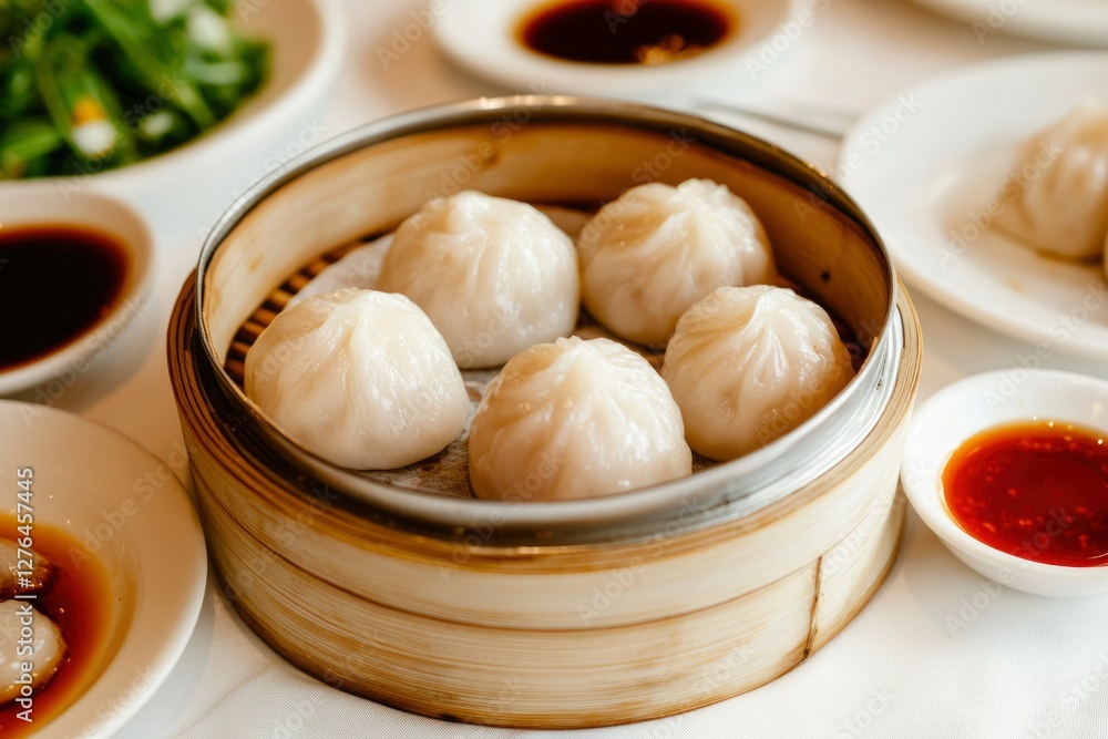 Steamed dumplings in bamboo basket, restaurant setting, Asian cuisine