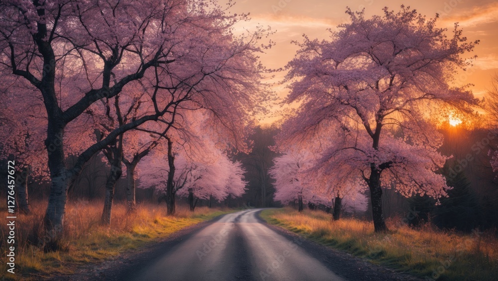 Road lined with blooming cherry blossom trees during sunset in a countryside landscape. Road lined with blooming cherry blossom trees during sunset in a countryside landscape.