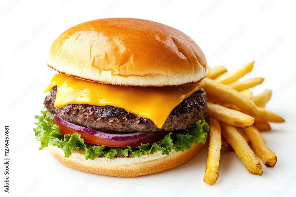 A delicious hamburger with crispy french fries on a clean white background A delicious hamburger with crispy french fries on a clean white background