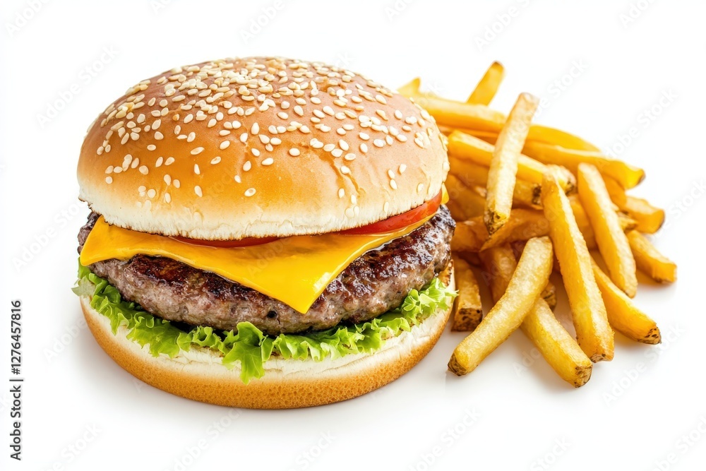 A delicious hamburger with crispy french fries on a clean white background A delicious hamburger with crispy french fries on a clean white background