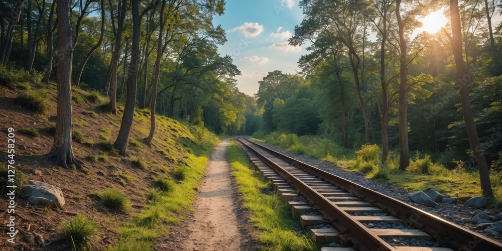 Forest pathway beside railway tracks with lush green trees and blue sky in the background during golden hour lighting. Forest pathway beside railway tracks with lush green trees and blue sky in the background during golden hour lighting.