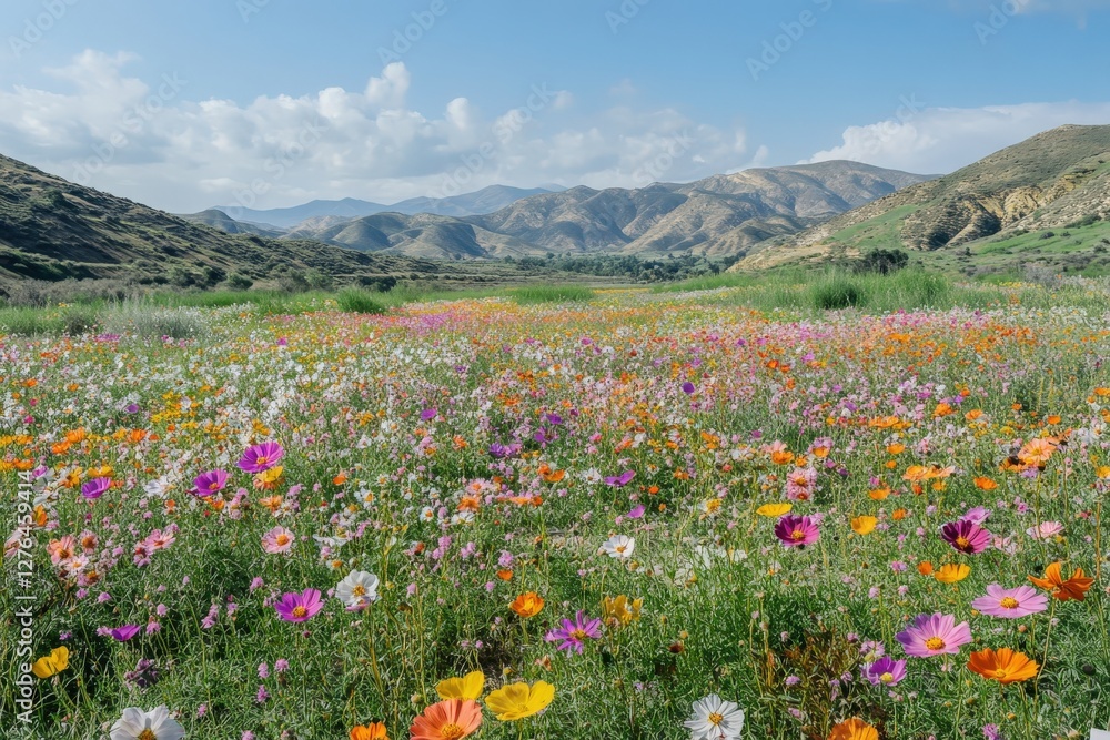 A vibrant field of blooming flowers with towering mountains behind A vibrant field of blooming flowers with towering mountains behind