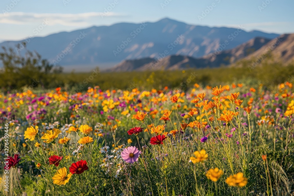 A vibrant field of blooming flowers with towering mountains behind A vibrant field of blooming flowers with towering mountains behind