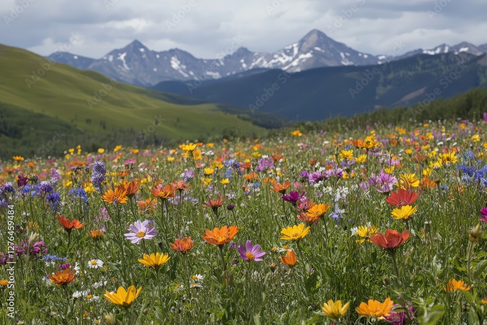 Fototapeta premium A vibrant field of blooming flowers with towering mountains behind