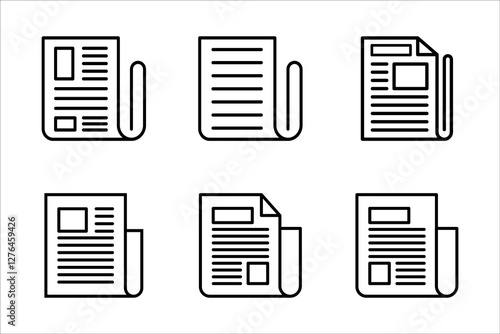 flat black newspaper vector icon set, on white background.