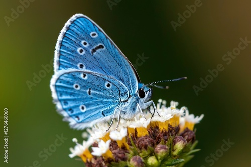 Wallpaper Mural Blue butterfly feeding on white flower, green background Torontodigital.ca