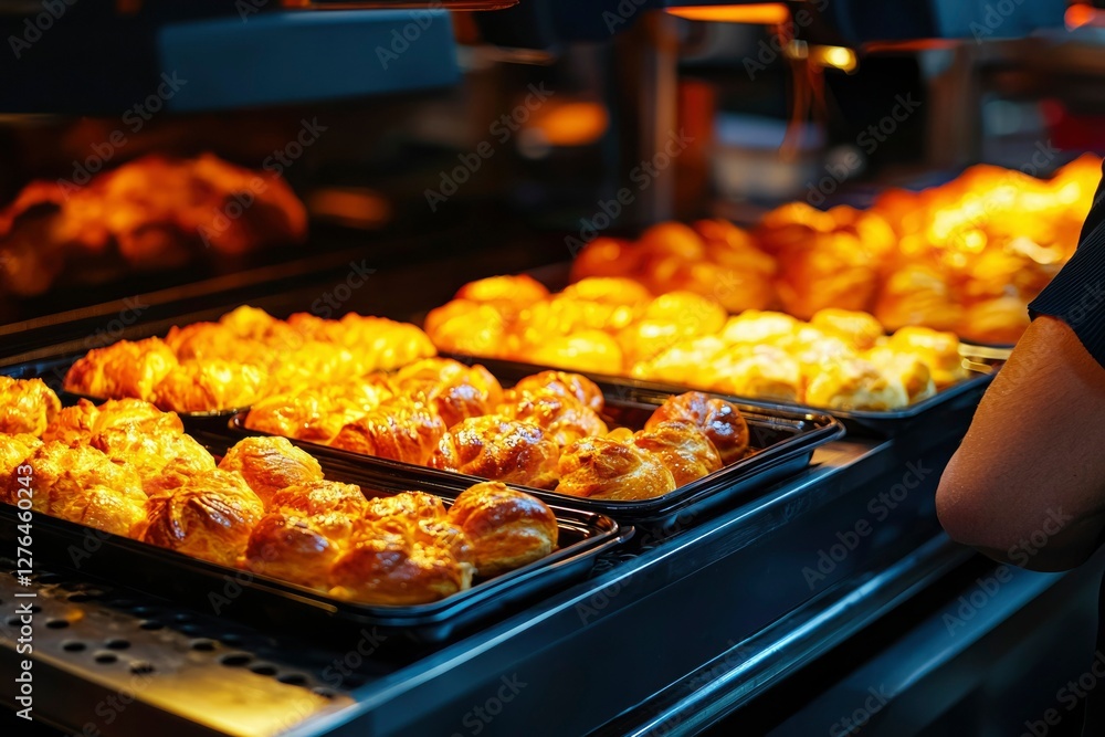 Freshly baked pastries displayed under warming lights in a bakery Freshly baked pastries displayed under warming lights in a bakery