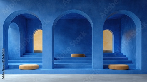 Blue arched hallway  steps  seating  sunlight  display