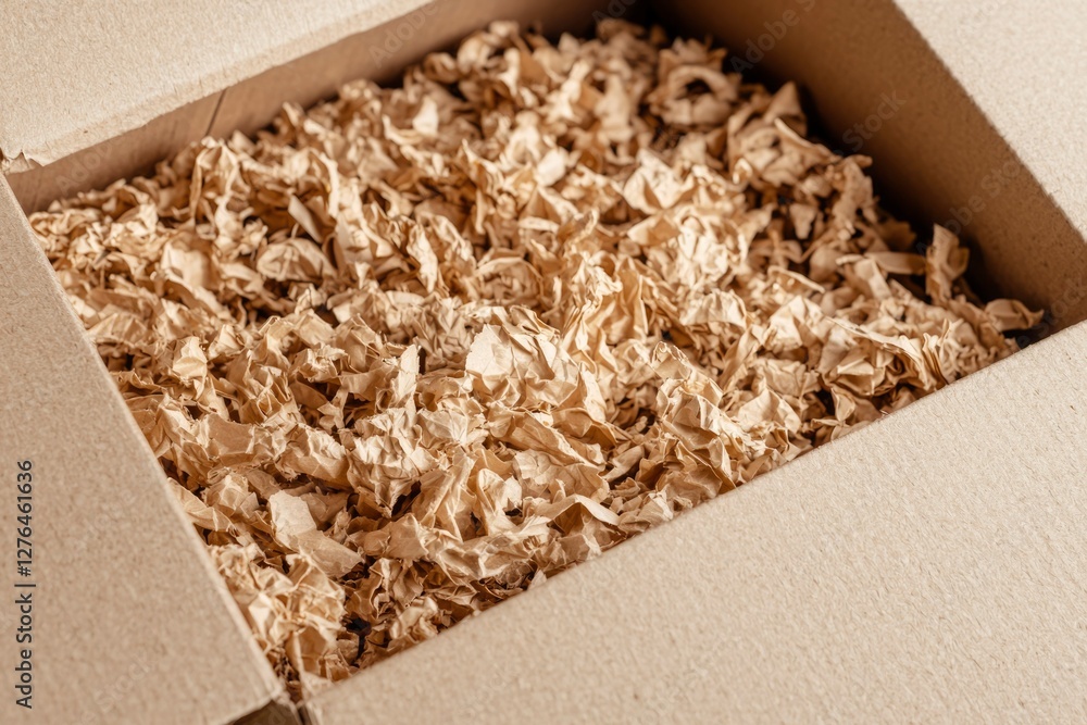 Cardboard box filled with shredded paper for packaging