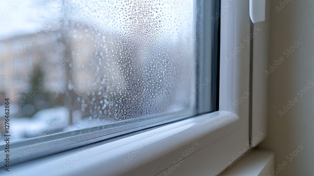 Fototapeta premium Condensation On A Windowpane, Showcasing The Boundary Between Inside And Outside, Highlighting Temperature Differences.