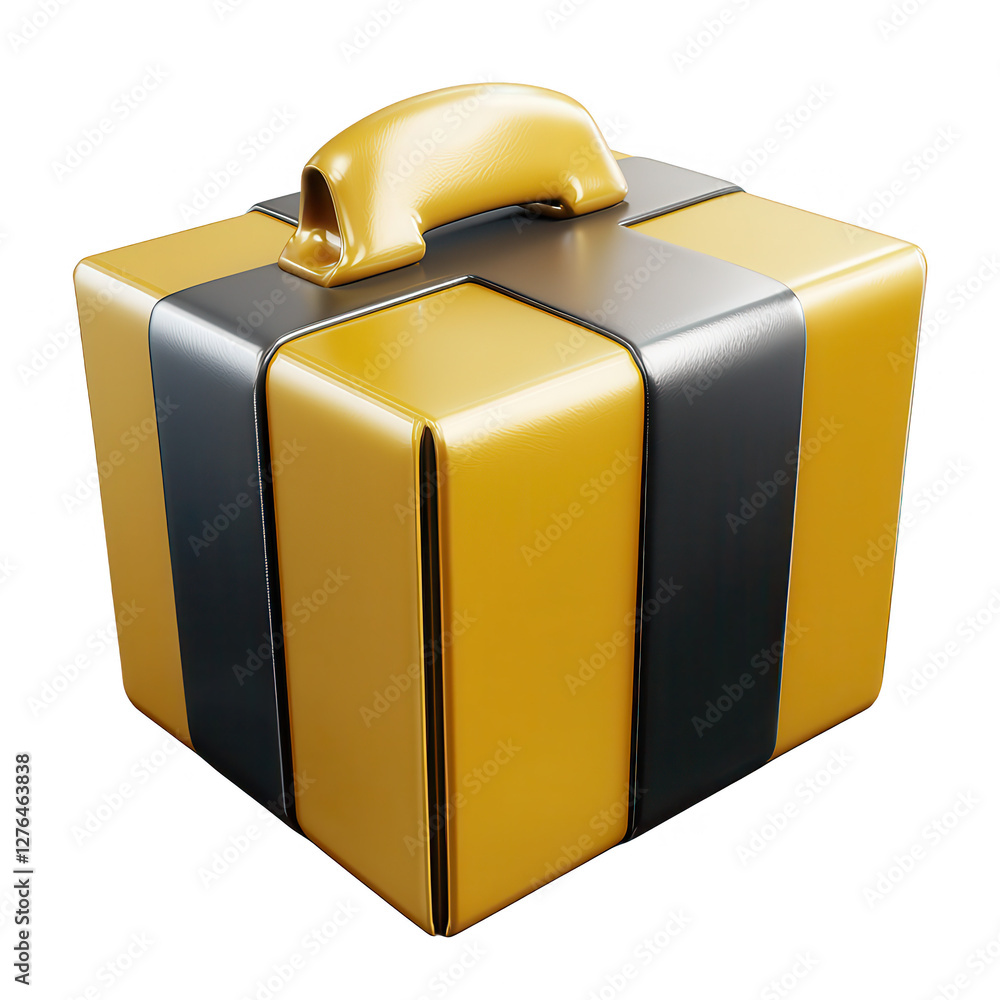A 3D render of a golden gift box with dark stripes and a handle, creating an elegant and modern look, perfect for festive occasions. A 3D render of a golden gift box with dark stripes and a handle, creating an elegant and modern look, perfect for festive occasions.