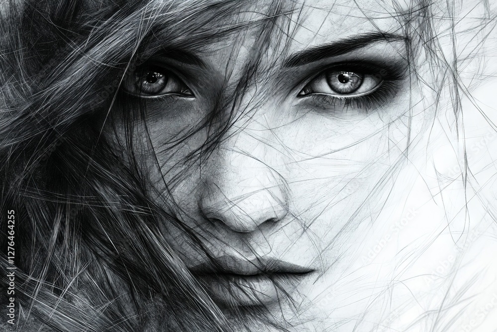 Obraz premium Intricate pencil drawing of a woman's face with flowing hair and striking eyes, showcasing remarkable detail and artistry