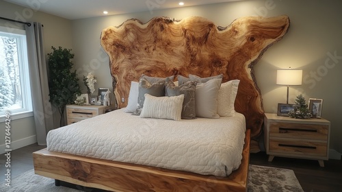 Modern bedroom with live edge headboard photo