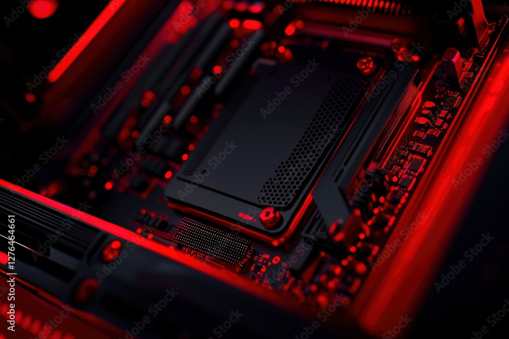 Obraz premium Close-up of red-lit circuit board, detailed components, tech background
