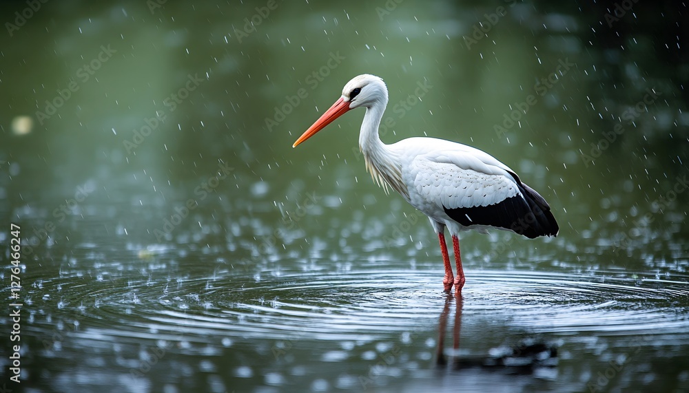 Obraz premium A white stork stands in shallow water during a rainstorm