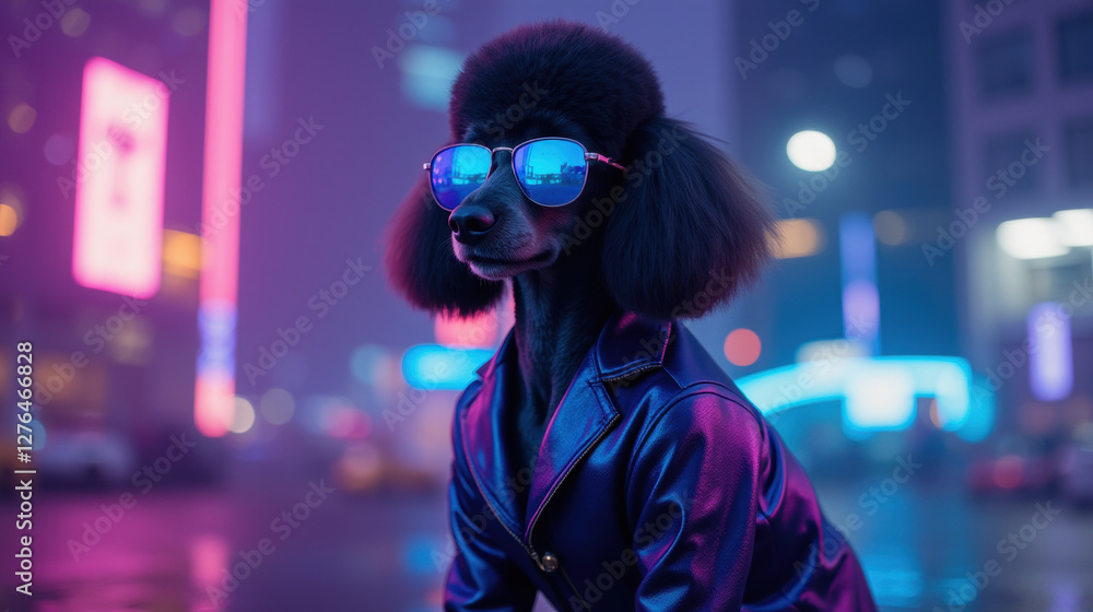 Stylish dog wearing sunglasses and leather jacket in neon city lights Stylish dog wearing sunglasses and leather jacket in neon city lights