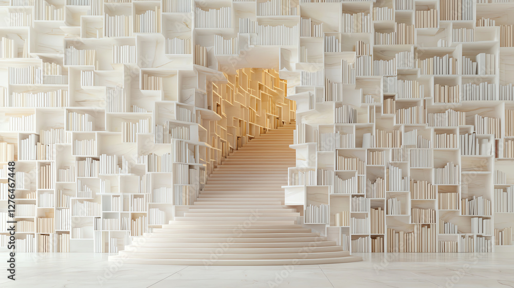 Obraz premium Elegant minimalist staircase leading to a book wall, symbolizing knowledge and exploration in a modern space