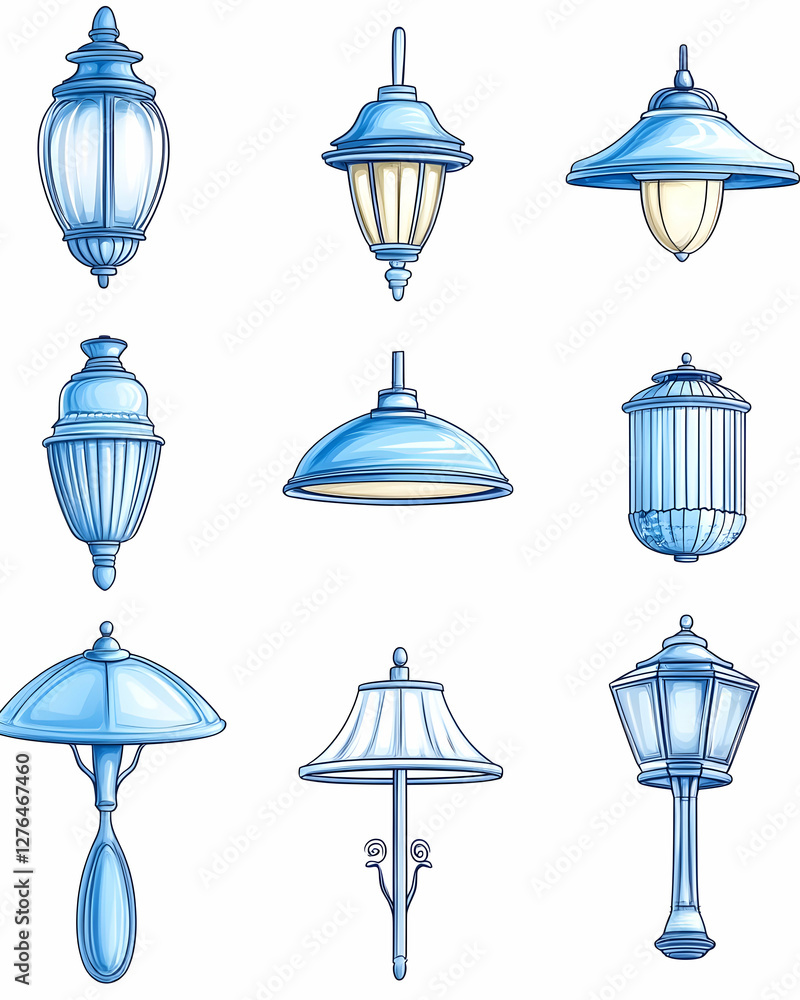 Nine Blue Street Lamp Designs, Illustration Nine Blue Street Lamp Designs, Illustration