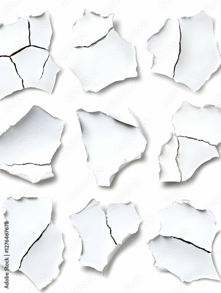 Nine torn white paper pieces isolated on white background; design element Nine torn white paper pieces isolated on white background; design element