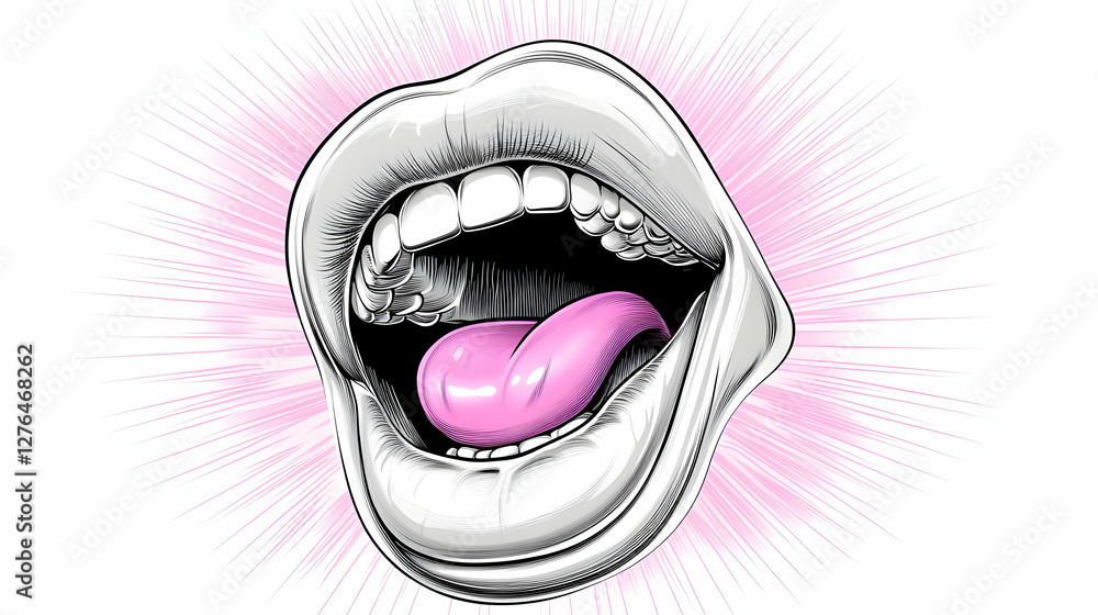 Open mouth, pink tongue, white teeth, ray background, graphic design Open mouth, pink tongue, white teeth, ray background, graphic design